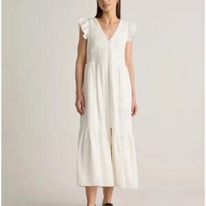 NWT Quince White Cotton Smocked Sleeveless Maxi Dress with Ruffle Shoulders